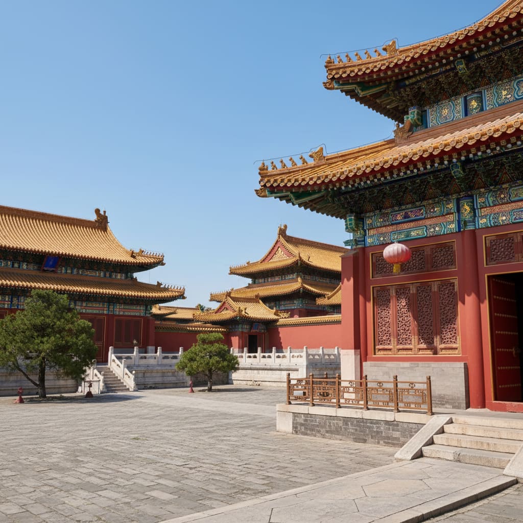 Imperial palace architecture with red walls and golden roofs under blue sky